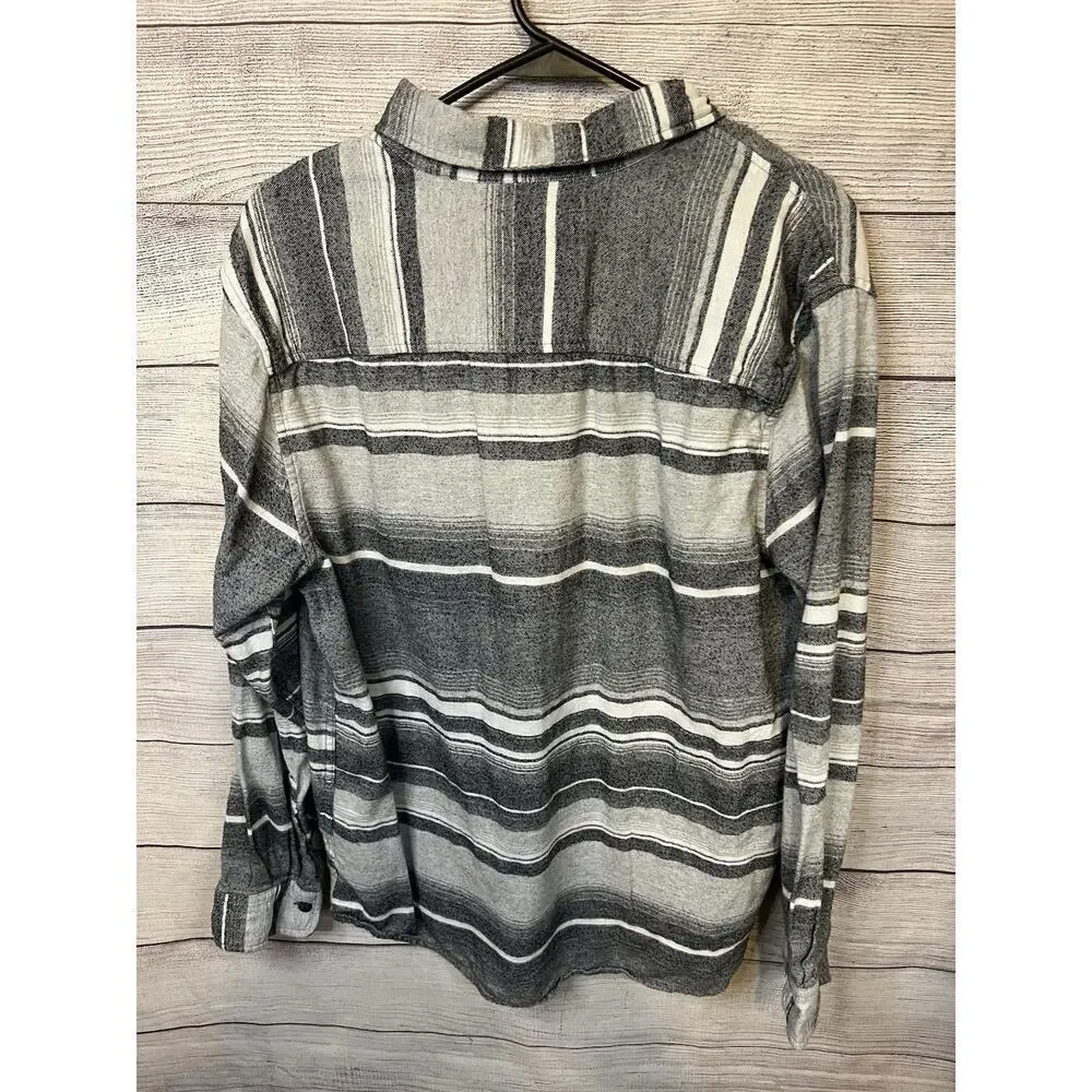 North River Mens L Flannel Long Sleeve Button Down Shirt Grey White Striped - Picture 2 of 5